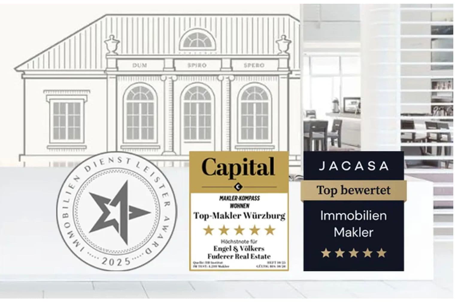 Real estate awards and recognitions: "Immobilien Dienstleister Award 2025", "Capital Top-Makler Würzburg", and "Jacasa Top Bewertet Immobilien Makler".