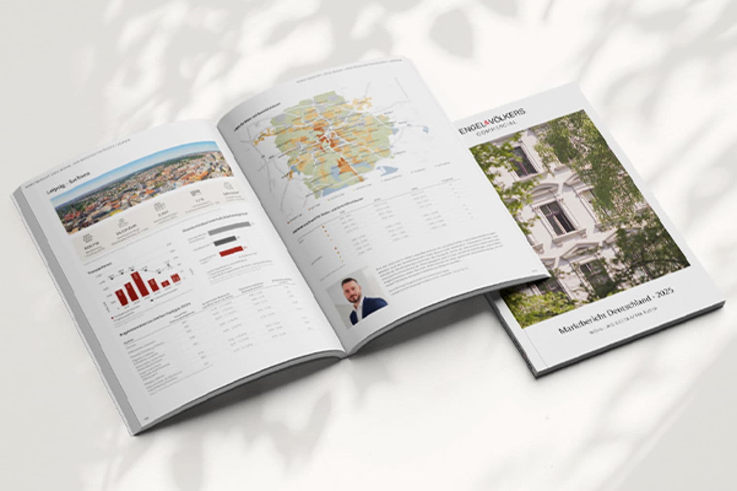 Open Engel & Völkers real estate market report, featuring charts, maps, and a building facade on the cover.