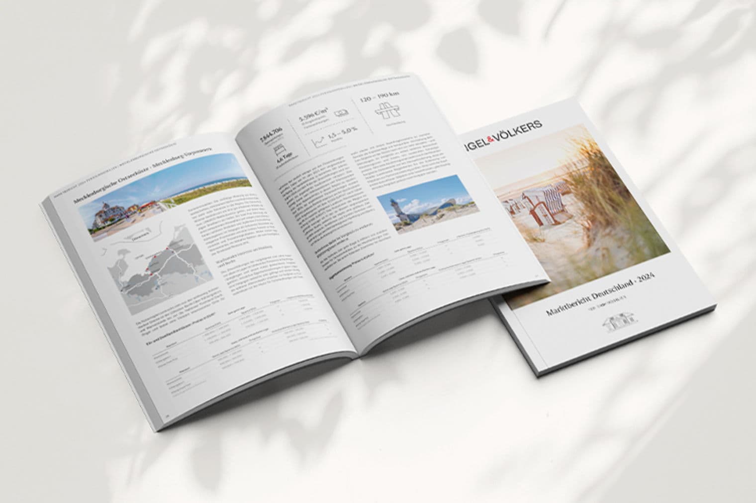 Real estate brochure with beach scene on cover, open to pages with property data and maps.