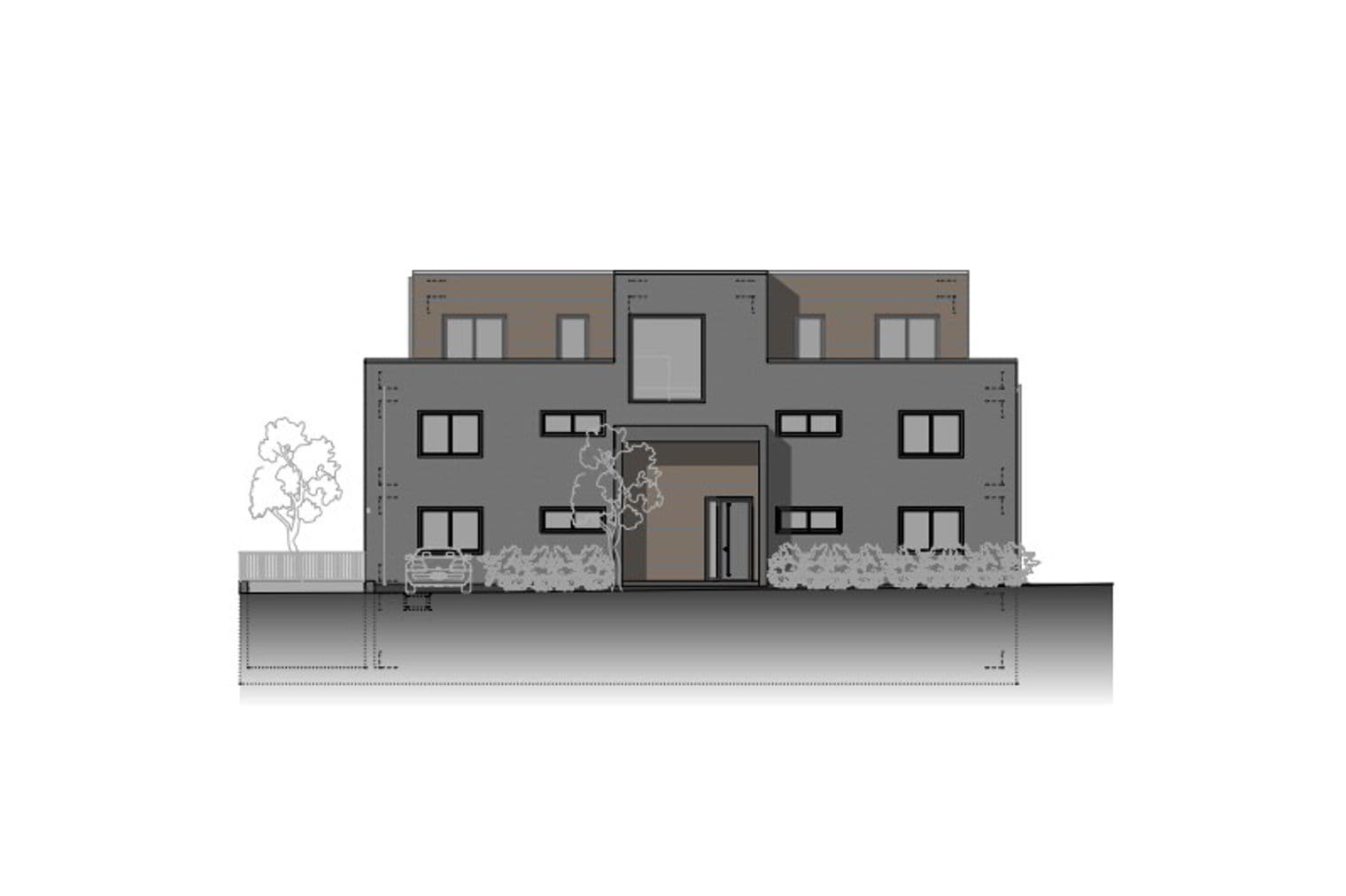 Architectural rendering of a modern gray building with a brown top floor, windows, a front door, and landscaping.