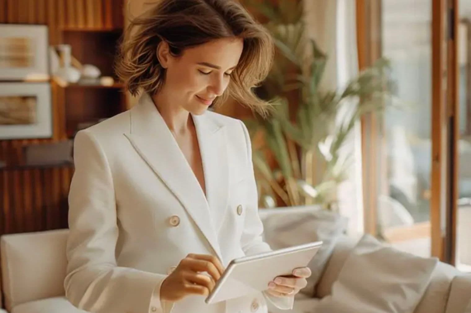 Une femme en tailleur blanc utilise une tablette dans un salon moderne avec un canapé blanc et des touches de bois.