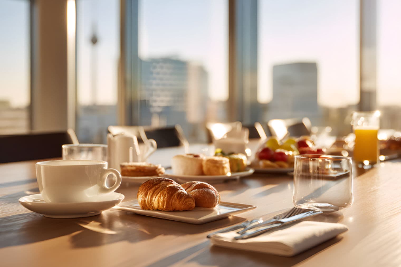 Breakfast spread on a conference table with croissants, pastries, fruit, juice, and coffee, with a city view through large windows.