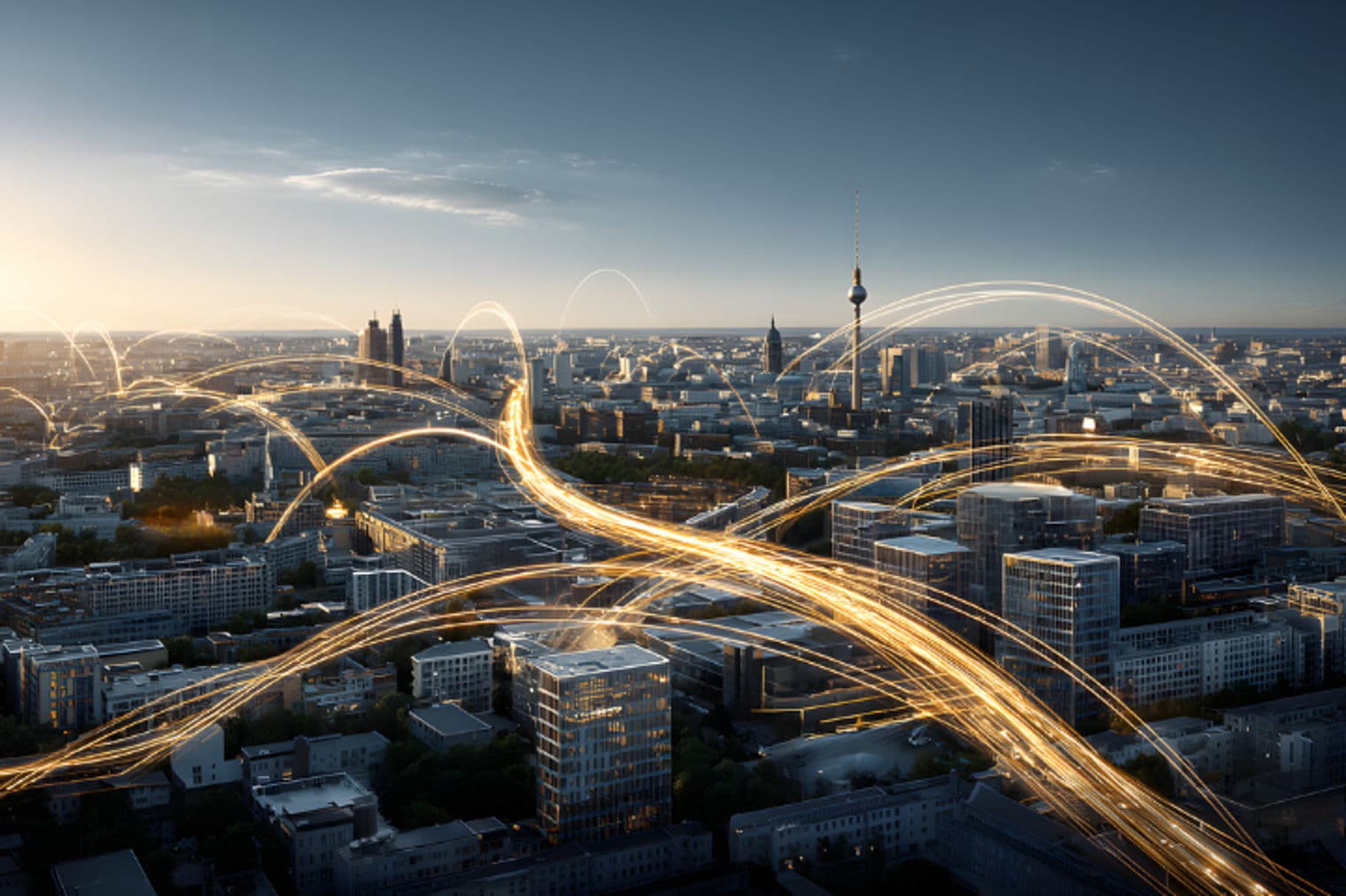 Cityscape view of Berlin with glowing lines connecting buildings, symbolizing connectivity and technology. The TV Tower is visible in the background.