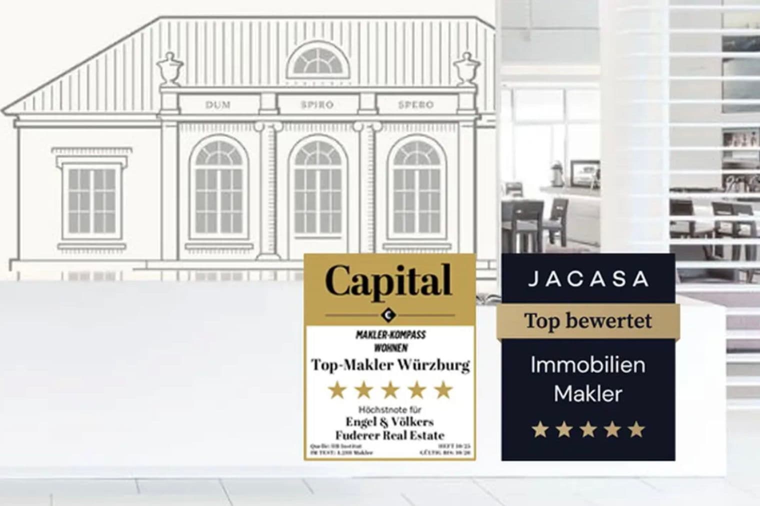 Immobilienauszeichnungen für Engel & Völkers Fuderer Real Estate, darunter Capital und JACASA, mit einer Gebäudeskizze im Hintergrund.