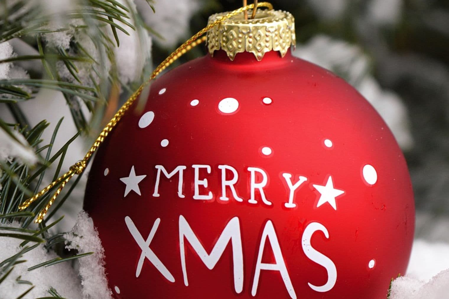 Eine rote Weihnachtskugel mit der weißen Aufschrift "Merry Xmas" liegt auf einem schneebedeckten immergrünen Zweig.