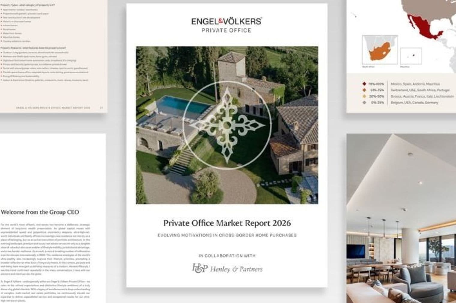 Engel & Völkers "Private Office Market Report 2026" Cover. Es zeigt eine luxuriöse Villa mit Pool, umgeben von üppigem Grün.