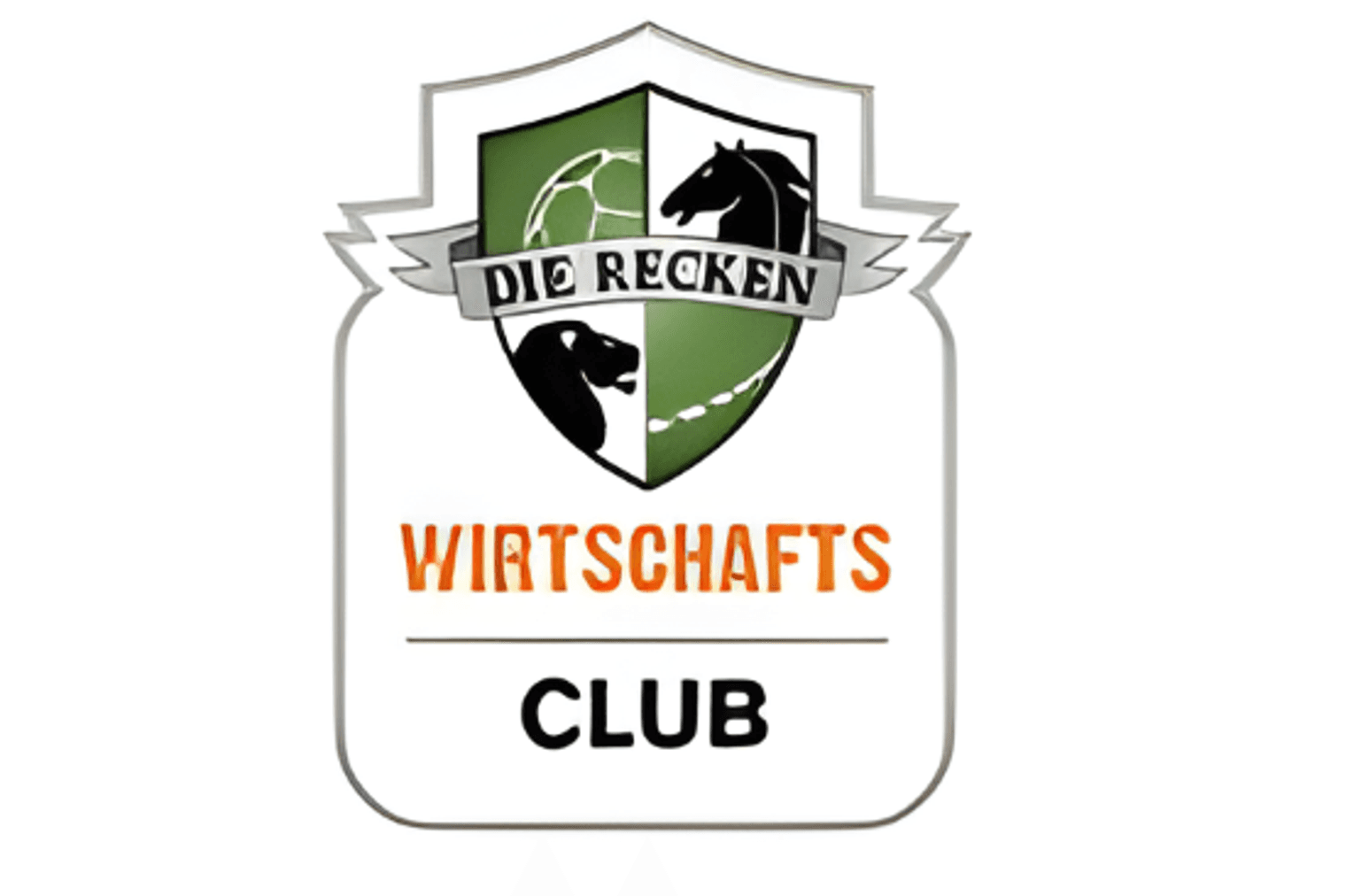 Schildförmiges Logo mit dem Banner "Die Recken", geteilter grün/weißer Hintergrund, Pferdeköpfe, Fußball und der Text "Wirtschafts Club".