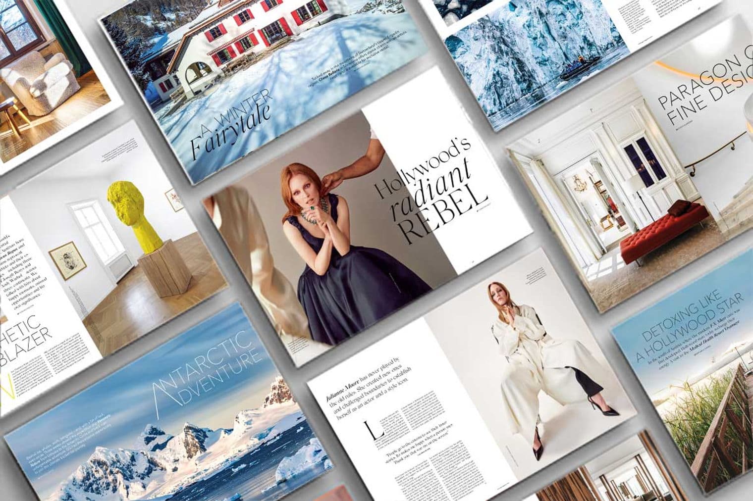 Eine Sammlung offener Zeitschriften mit vielfältigen Inhalten, darunter Mode, Reisen und Innenarchitektur.