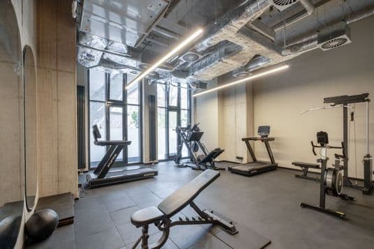 Modern gym with treadmills, exercise bikes, and weight machines under industrial-style ceiling. Large windows provide natural light.