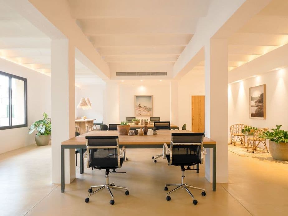 Bright office interior in Mallorca with open workspace design and modern commercial furnishings
