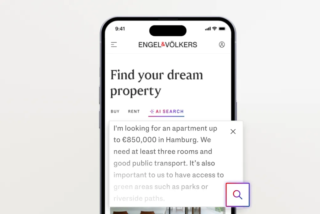 Smartphone screen shows Engel & Völkers Homepage with a floating chat box detailing a Hamburg apartment inquiry and a purple magnifier icon.