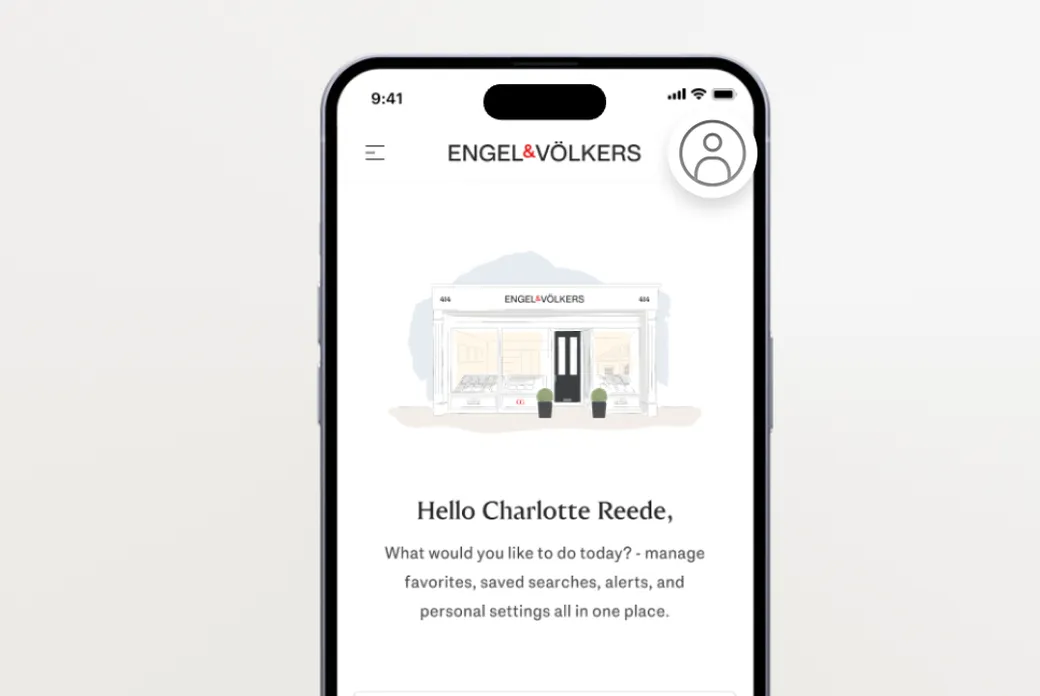 Smartphone screen displaying the Engel & Völkers User Account, storefront illustration, and a welcome message 'Hello Charlotte Reede' with a circular profile icon.