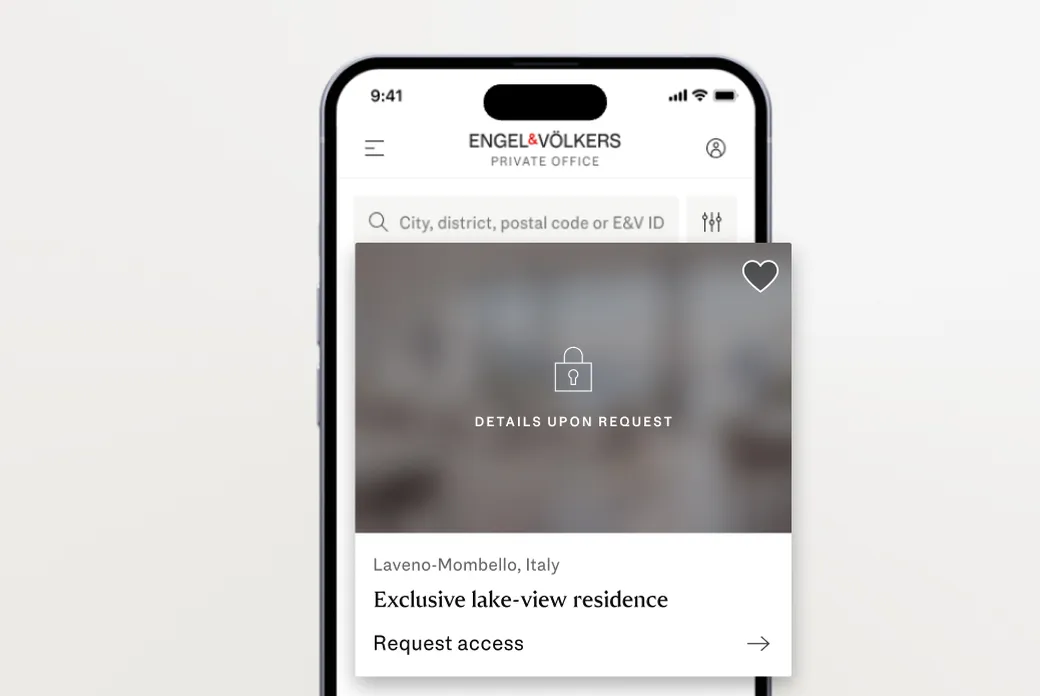 Phone screen showing Engel & Völkers Website, blurred modal reads 'Details upon request' for an exclusive Property