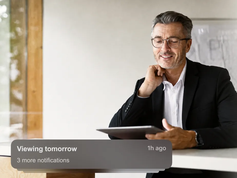 Smiling middle-aged man in a black suit and white shirt sits at a desk, resting his chin on his hand while using a tablet in a bright, modern office.