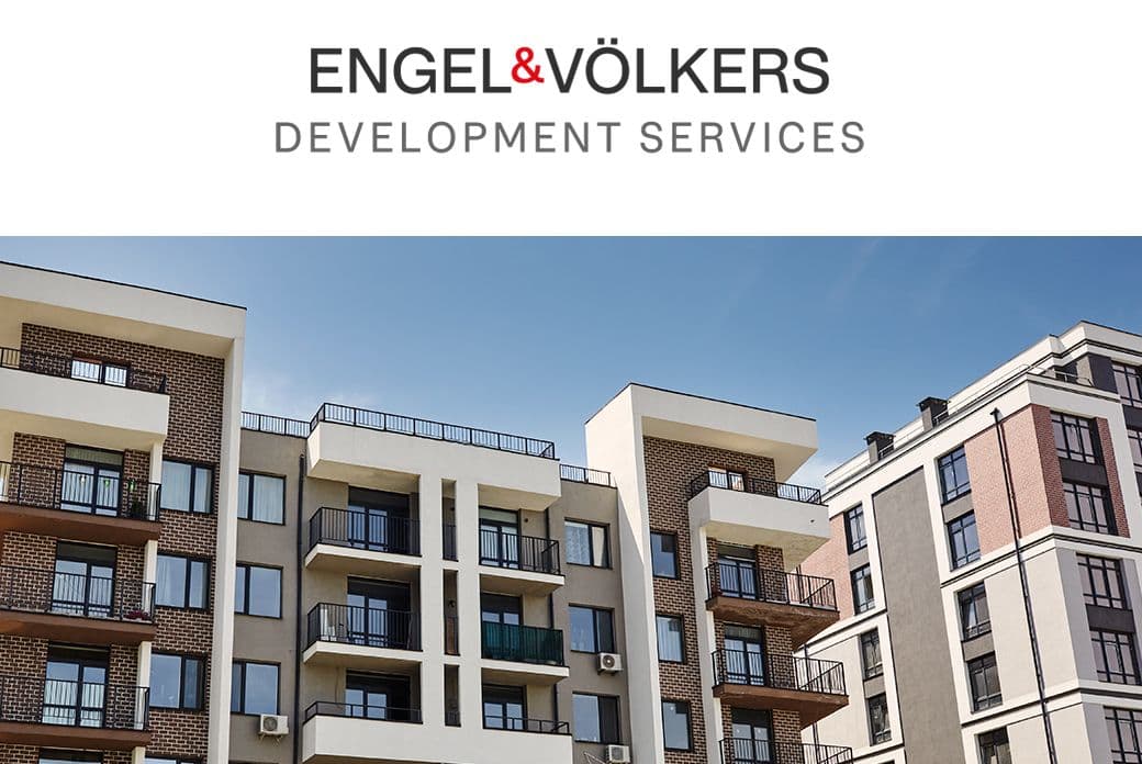 Engel & Völkers Development Services logo above modern apartment buildings with balconies against a blue sky.