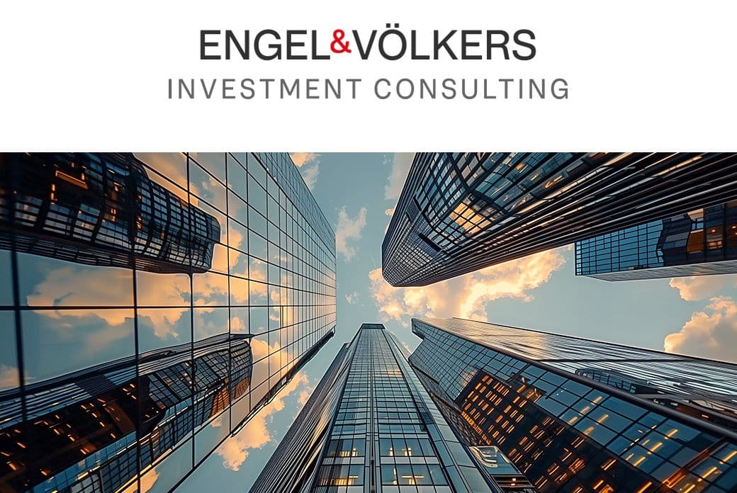 Engel & Völkers Investment Consulting logo above a low-angle view of tall, glass skyscrapers against a blue sky with clouds.