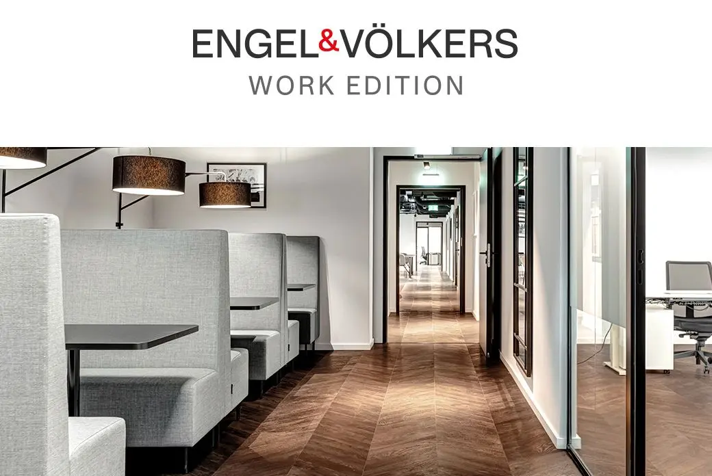 Engel & Völkers "Work Edition" shows a modern office space. Gray booths line the left, with dark tables and lamps. A hallway extends into the distance with herringbone floors.