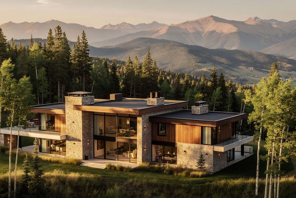 A modern stone and glass house in a forested mountain landscape, surrounded by tall trees and distant mountain peaks under a clear sky.