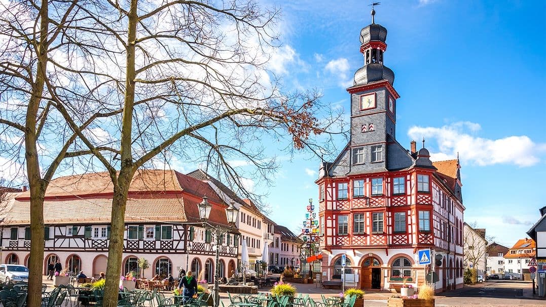 The old town of Lorsch with its historic half-timbered town hall and cafés, located in the sought-after region of the Hessian Bergstrasse