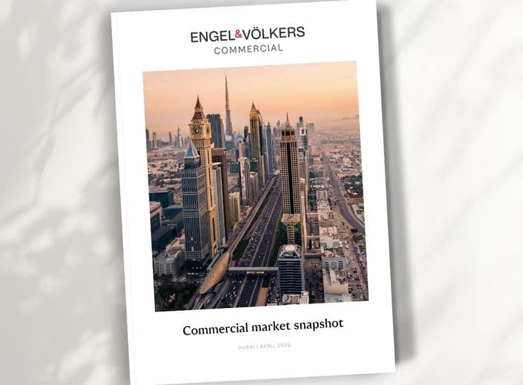 Cover of Engel & Völkers Commercial market snapshot showing a sunset aerial view of Dubai skyscrapers, April 2026 edition.