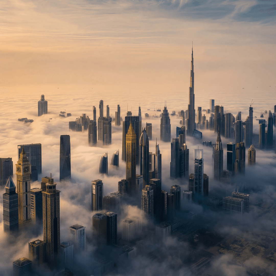 Aerial view of a city skyline with tall skyscrapers emerging through dense morning fog, under a softly lit, cloudy sky.