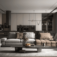 A modern living room with two sofas, a gray chair, and an open kitchen in the background.