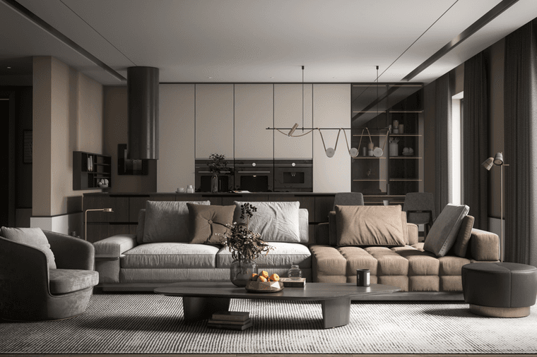 A modern living room with two sofas, a gray chair, and an open kitchen in the background.