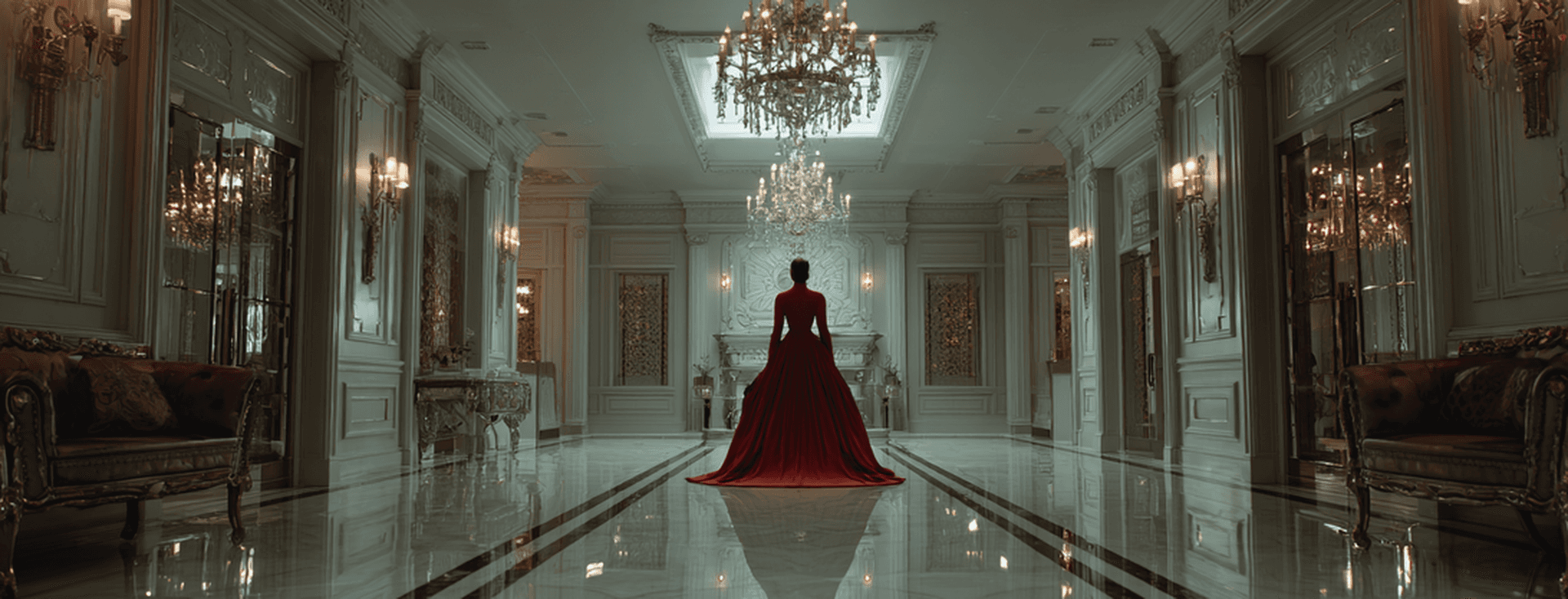 A woman in a red gown stands in an opulent, chandelier-lit hallway with marble floors and ornate decor.