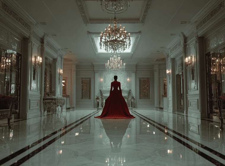 A woman in a red gown stands in an opulent, chandelier-lit hallway with marble floors and ornate decor.
