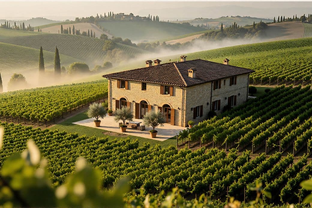 A rustic stone farmhouse surrounded by vast, green vineyards and rolling hills under a misty sky. Tall cypress trees dot the landscape.