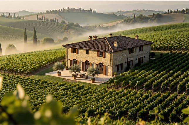 A rustic stone farmhouse surrounded by vast, green vineyards and rolling hills under a misty sky. Tall cypress trees dot the landscape.