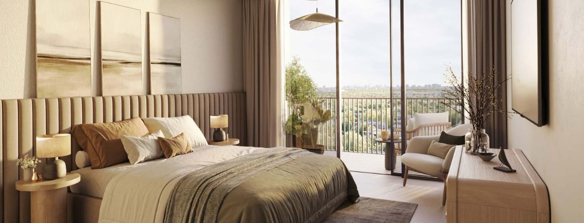 Modern bedroom in Distrikt apartment with balcony overlooking Ghaf Woods community landscape.