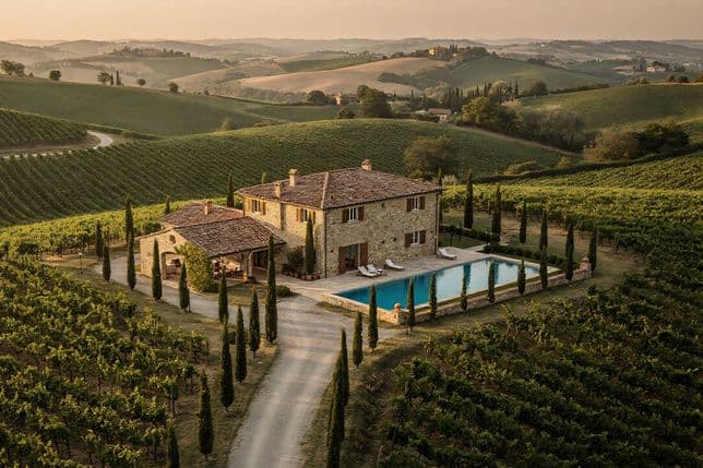 Aerial view of a villa with a pool surrounded by lush vineyards and rolling hills at sunset.