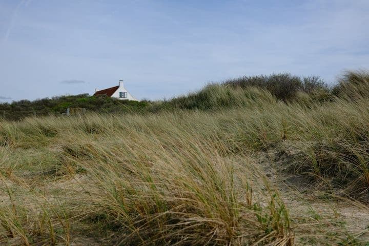 Strandhuis met rood dak, gezien vanaf de met gras begroeide duinen onder een blauwe hemel.