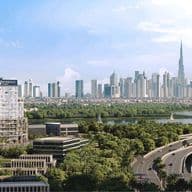 Modernes Mittelhausgebäude mit der Bezeichnung „Wynwood“ vor dem Hintergrund des Burj Khalifa und der Skyline von Dubai.