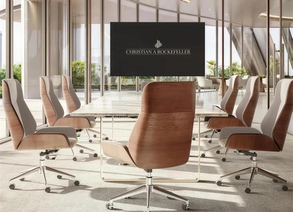 Modern glass-walled boardroom with a marble table and oak swivel chairs, and a large screen displaying the CHRISTIAN A. ROCKEFELLER logo.
