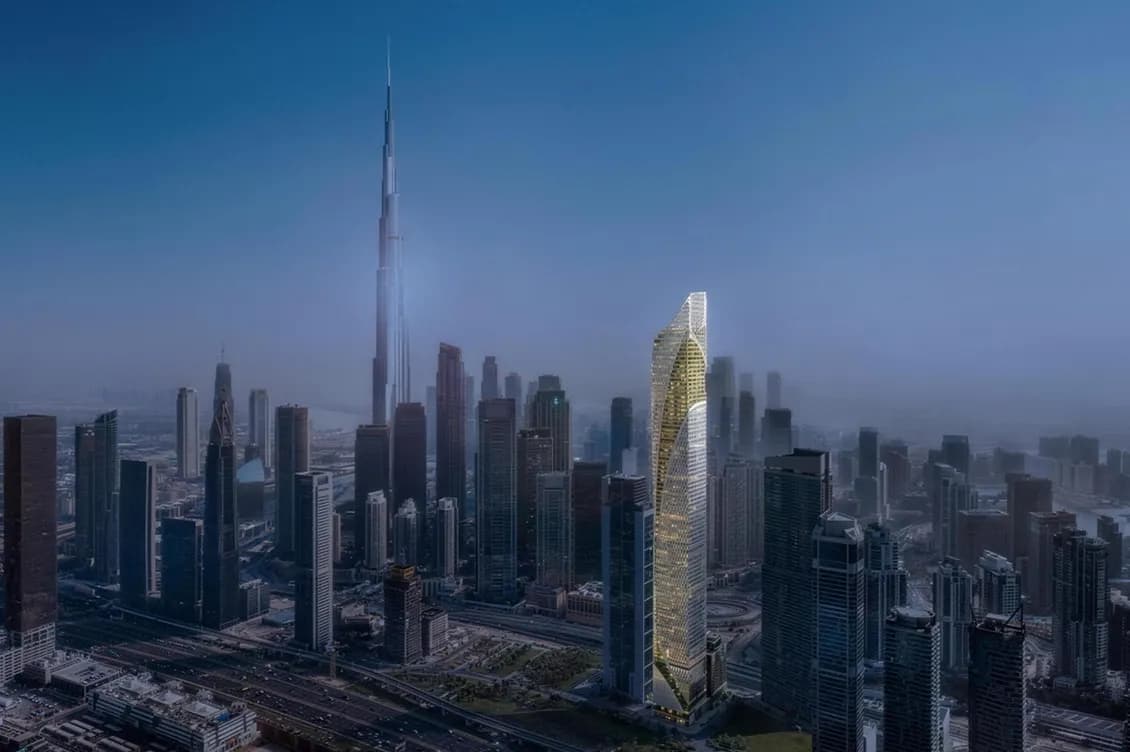 Dubai skyline with the Burj Khalifa, a twisting glass skyscraper, and dense high-rises under a blue sky. AI-generated image