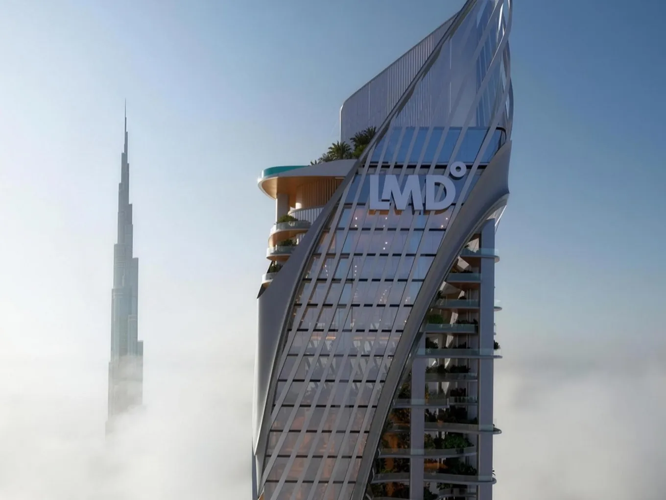 Futuristic glass skyscraper with curved design and 'LMD' logo, balconies with greenery, rising above clouds; Burj Khalifa in the distance. AI-generated image