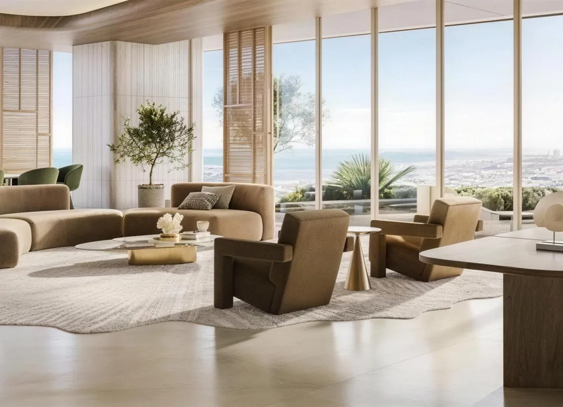 Bright modern living room with beige seating and armchairs, floor-to-ceiling glass walls overlooking the ocean and city, a potted tree and soft rug. AI-generated image