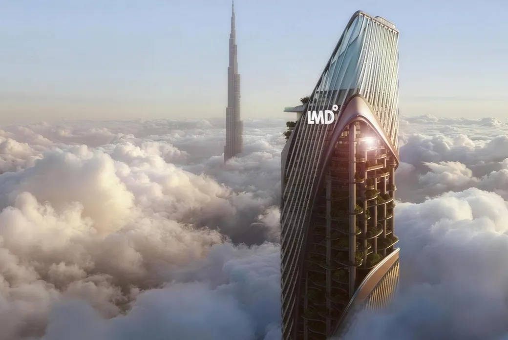 A futuristic glass skyscraper labeled 'LMD' rises above the clouds, with a distant tall spire and a soft pastel sky. KI-generiertes Bild