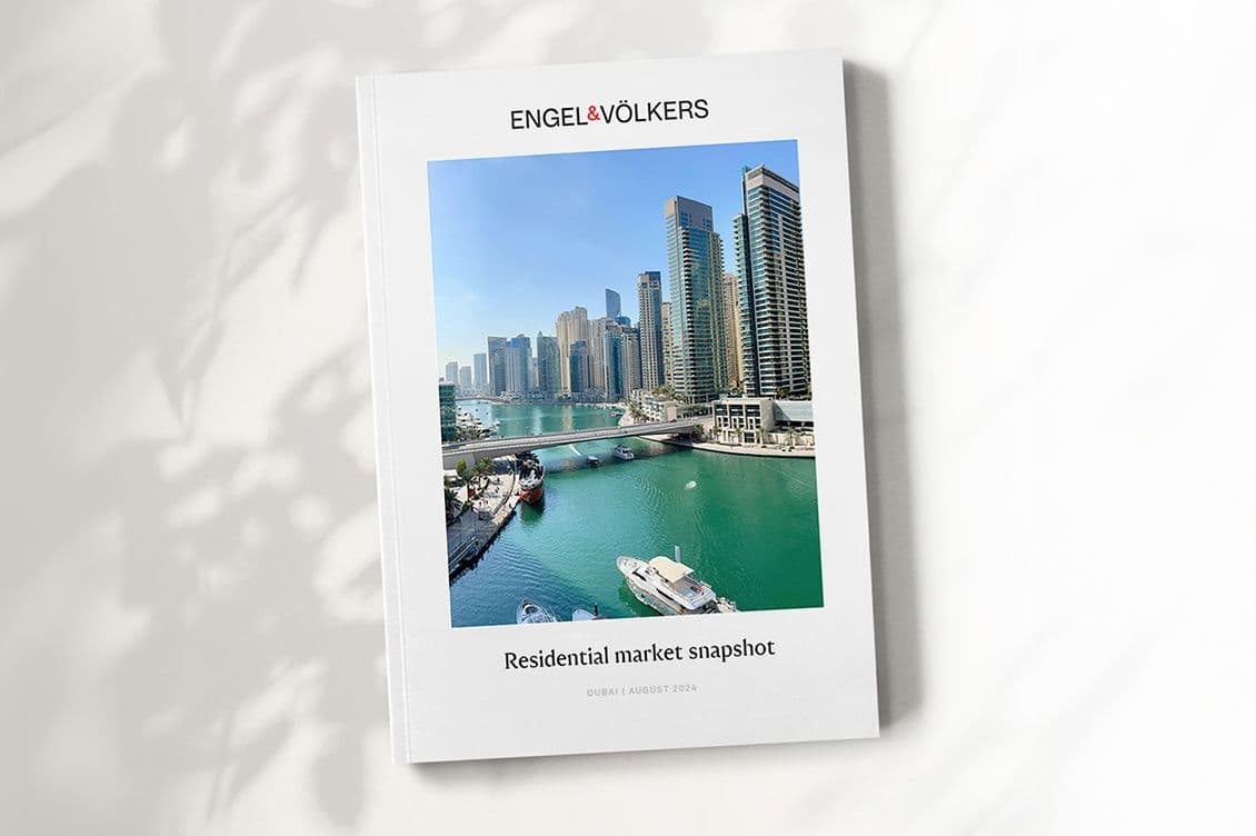 Engel & Völkers report cover featuring Dubai's skyline, turquoise water, boats, and the text "Residential market snapshot, Dubai, August 2024."