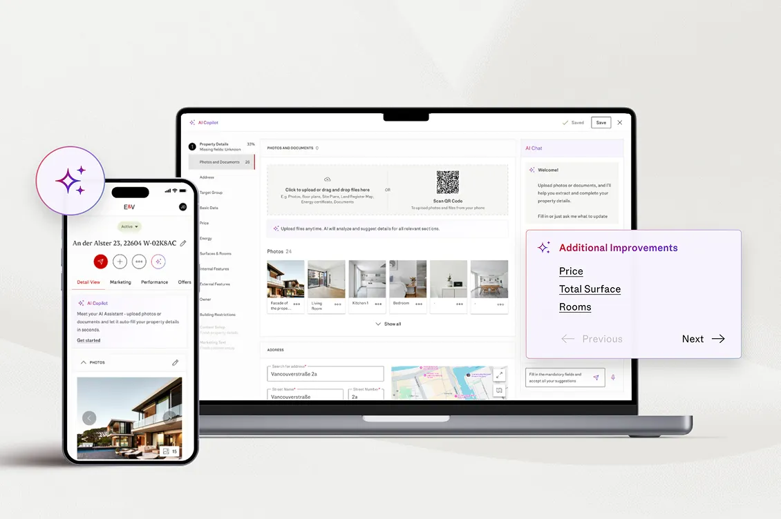 Laptop and smartphone display a real estate app with property details, photo gallery, and a map; a circular sparkle badge sits to the left.
