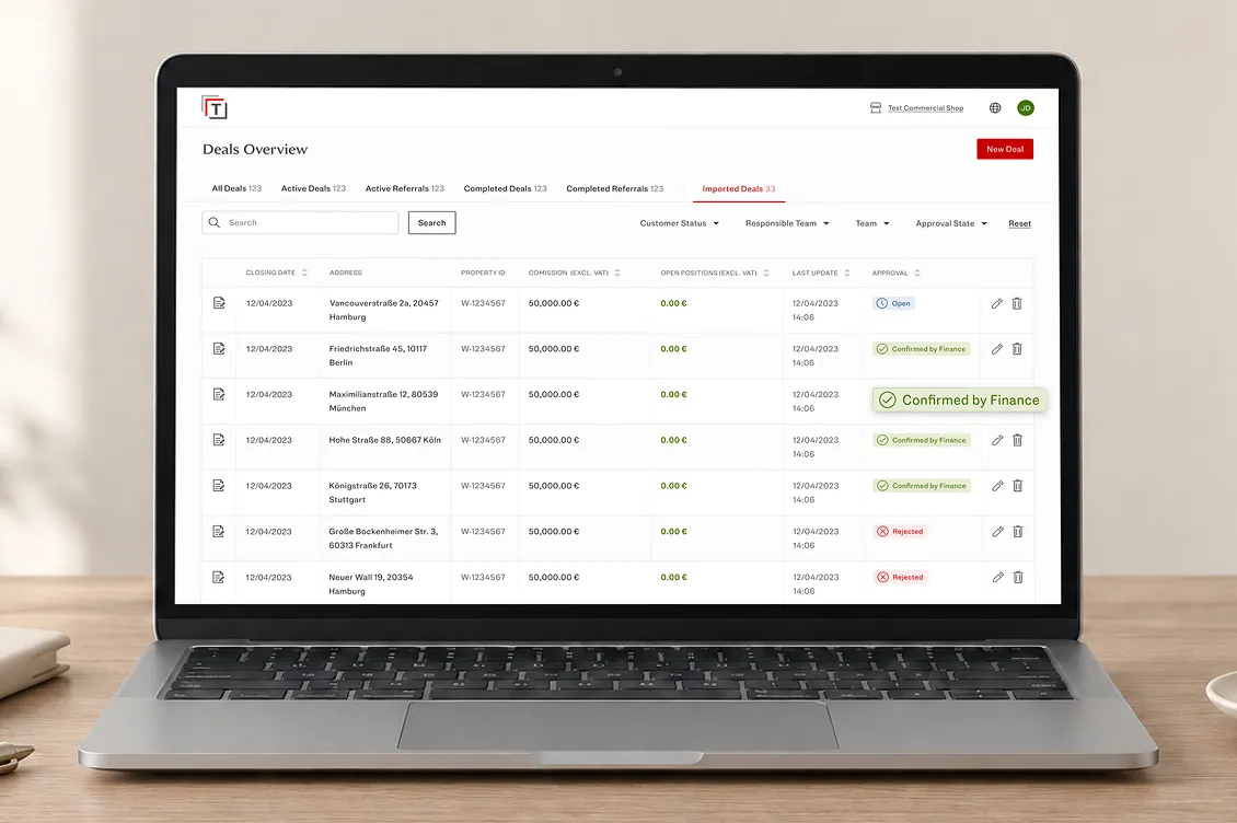 Silver laptop on a wooden desk displaying a deals dashboard with a list of orders and status badges. AI-generated image