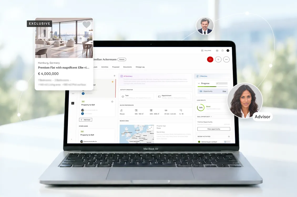 Laptop displays a Engel & Völkers CRM dashboard with an Exclusive property card and advisor avatars circling the screen. AI-generated image