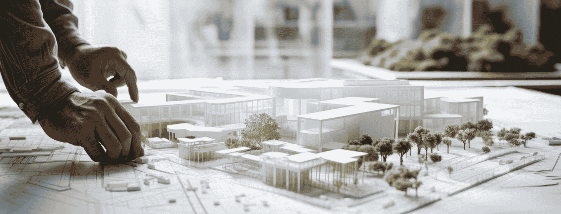 In einem Planungsbüro nehmen Hände ein maßstabsgetreues Architekturmodell auf Bauplänen in die Hand, auf denen moderne weiße Gebäude und Bäume zu sehen sind