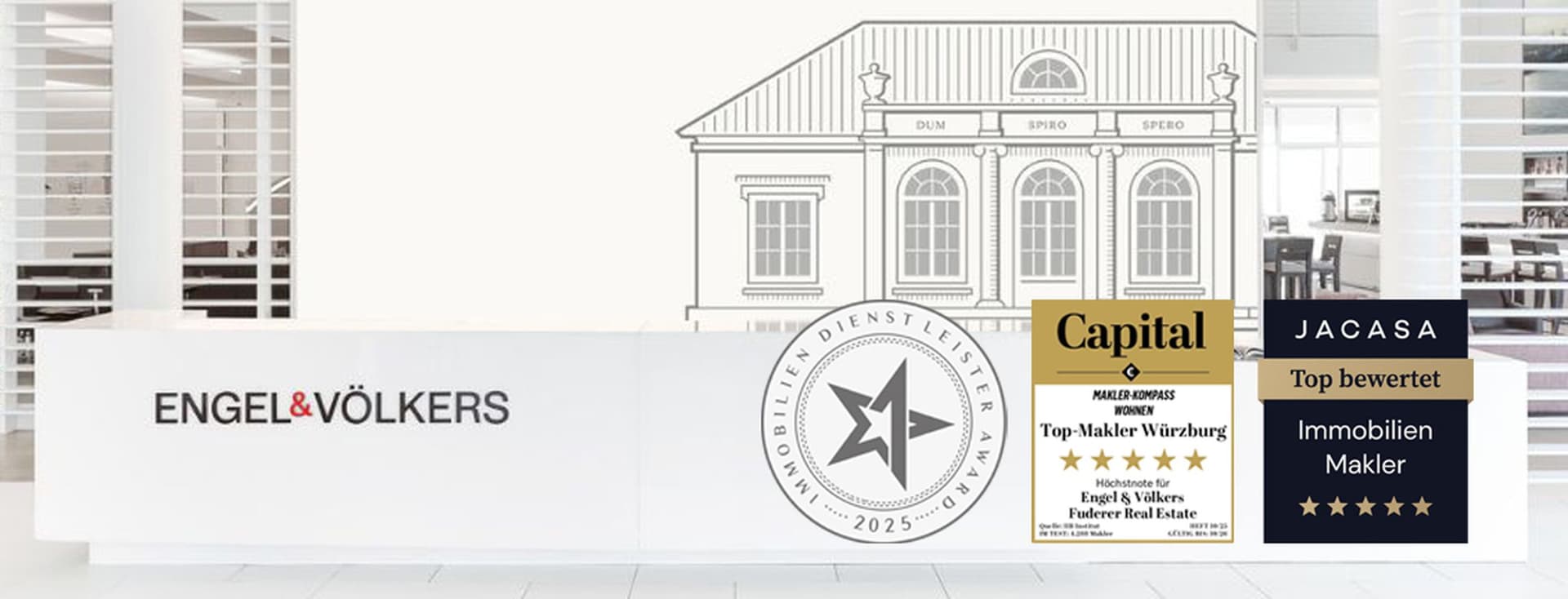 Modern reception desk with "Engel & Völkers" logo. Awards displayed: "Capital" and "JACASA" for top real estate services. Sketch of a building behind.