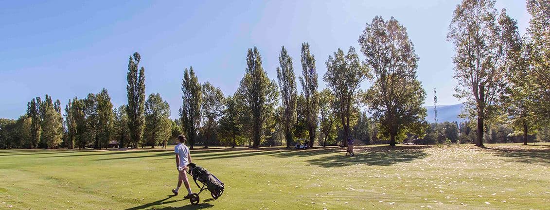 Jugador de golf caminant amb bossa de golf amb rodes.