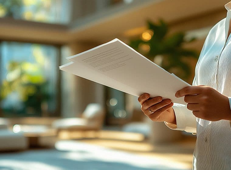 Woman in white shirt examining papers related to international real estate in an upscale, sunlit room with large windows and modern furnishings, suggesting a high-end property investment scenario