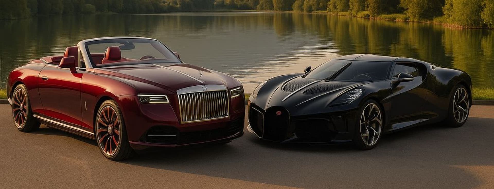 Two luxury sports cars parked by a serene lake, featuring a red convertible and a sleek black coupe, surrounded by lush greenery.