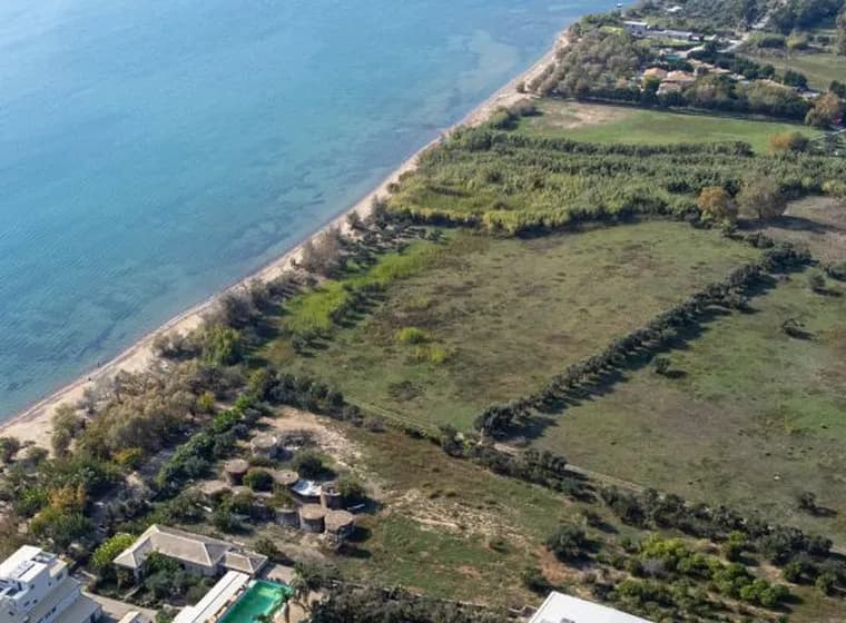 Aerial view of a large beachfront plot of land along a sandy coastline with clear blue sea.